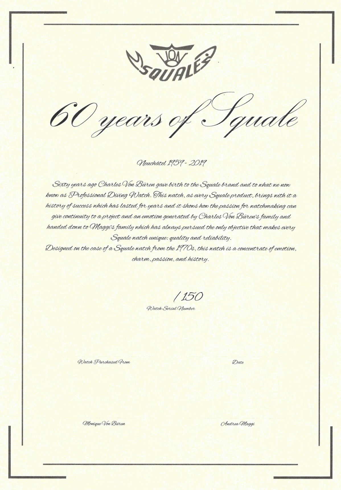 Squale 30 atmos 60 Year Special Edition Certificate