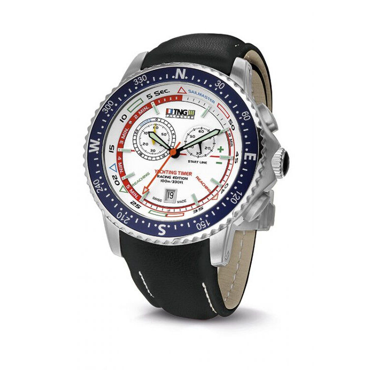 TNG Sailmaster Yachting Watch -  White Dial / Navy Blue Bezel / Black Leather Strap