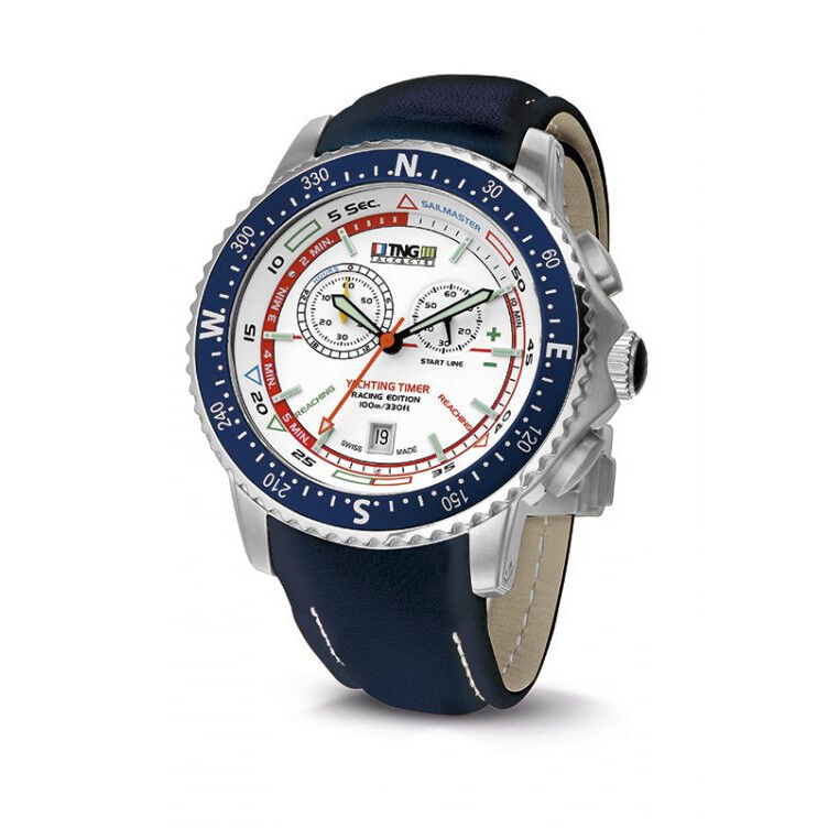 TNG Sailmaster Yachting Watch -  White Dial / Navy Blue Bezel / Navy Blue Leather Strap