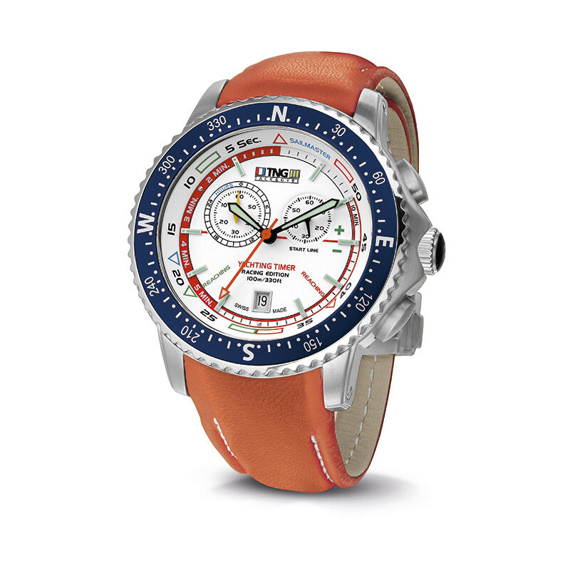 TNG Sailmaster Yachting Watch -  White Dial / Navy Blue Bezel / Orange Leather Strap