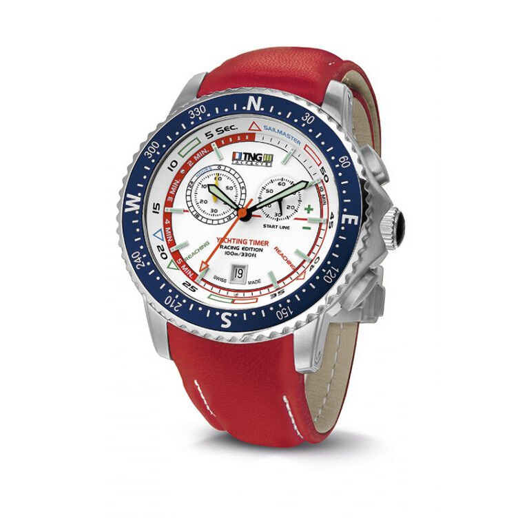 TNG Sailmaster Yachting Watch -  White Dial / Navy Blue Bezel / Red Leather Strap