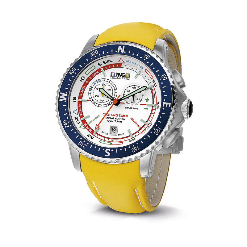 TNG Sailmaster Yachting Watch -  White Dial / Navy Blue Bezel / Yellow Leather Strap